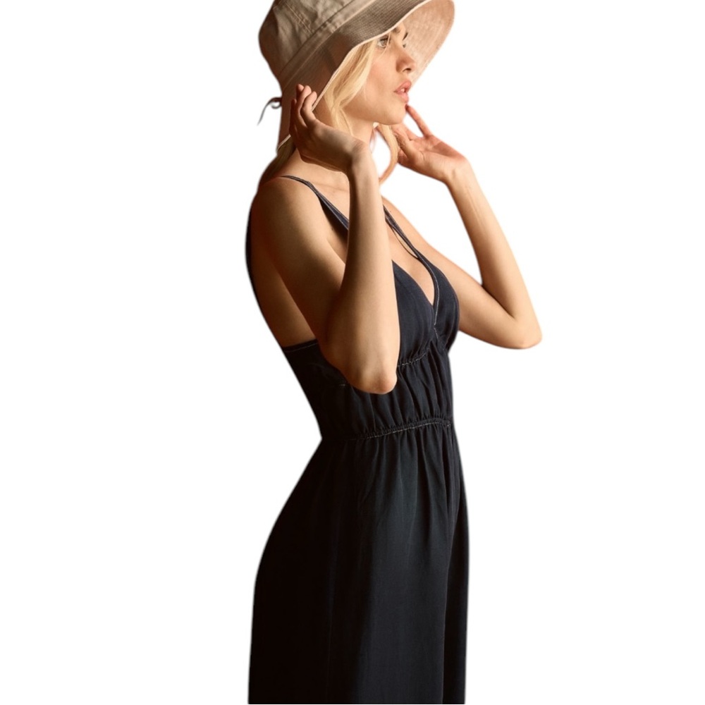 Sancia The Oda V Neck Elegant Navy Blue Smocked Linen Tencel Jumpsuit NWTA - Picture 7 of 9